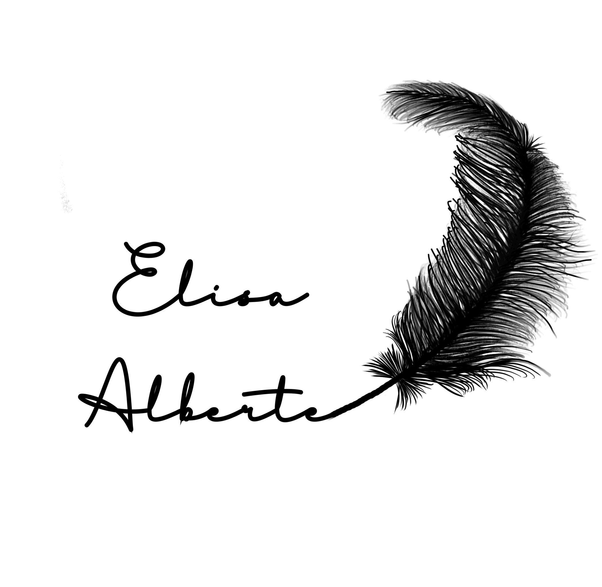 Logo de l'auteure de romances contemporaines Elisa Alberte - nom de l'auteure écrit en écriture cursive avec une plume à droite, noir sur fond blanc. Logo de l'auteure de romances contemporaines Elisa Alberte - nom de l'auteure écrit en écriture cursive avec une plume à droite, noir sur fond blanc.