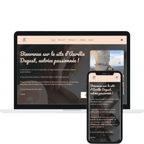 Site internet de l'autrice Aurélie Dugast - WenDev. Site internet d'aurélie Dugast, autrice, réalisé par WenDev. Mockup ordinateur et smartphone du site.