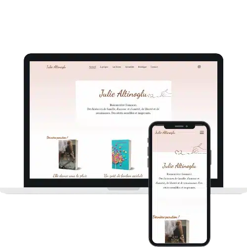 Site internet de l'autrice Aurélie Dugast - WenDev. Mockup desktop et mobile du site internet de l'autrice Julie Altinoglu, réalisé par WenDev.