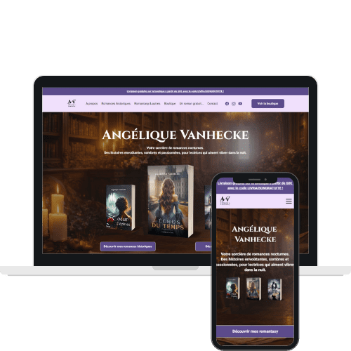 Mockup du site internet de l'écrivaine de romances historiques et romantasy Angélique Vanhecke - Réalisation de WenDev. Mockup du site internet de l'autrice de l'imaginaire Rubenia Timmerman - Réalisation de WenDev.