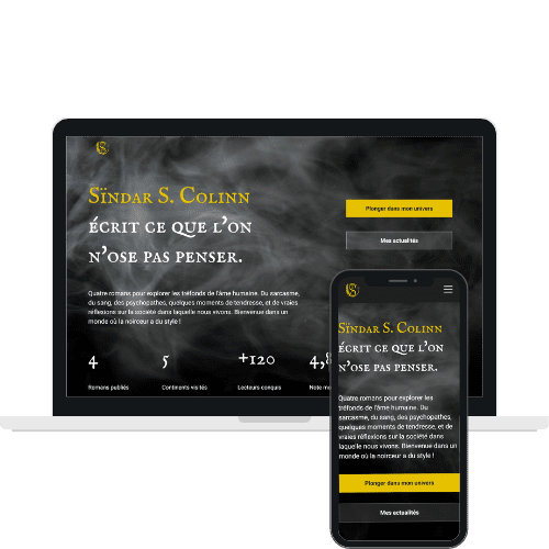 Mockup du site internet de l'auteur Ari Flandroit, Des thrillers qui brisent les tabous... et les codes | Réalisation de WenDev. Mockup du site internet de l'auteur paranormal et fantastique Sïndar S. Colinn, réalisé par WenDev.