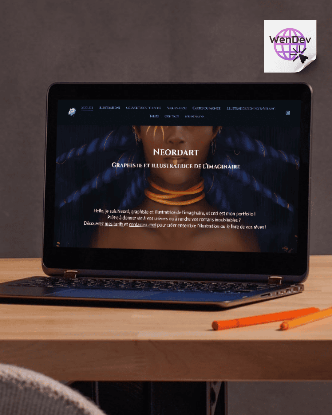 Mockup du site internet de Marie-Cécile Pacchiani, réflexologue plantaire au cabinet C'est le pied Mockup ordinateur qui site internet de Neordart, graphiste et illustratrice de l'imaginaire, créé par WenDev.