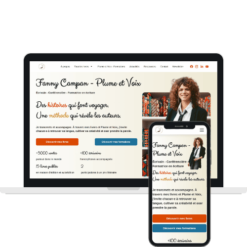 Mockup du site internet de l'écrivain Fanny Campan et de son entreprise de formations à l'écriture Plumes et Voix, réalisé par WenDev Mockup du site internet de l'écrivain Fanny Campan et de son entreprise de formations à l'écriture Plumes et Voix, réalisé par WenDev