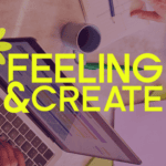 Image de fond avec le logo du collectif de Freelances Feeling and Create et un bureau de travail.