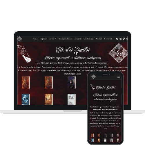 Site internet d'Elisabet Guillot, Autrice imprévisible et alchimiste multigenres - Réalisation de WenDev Site internet d'Elisabet Guillot, Autrice imprévisible et alchimiste multigenres - Réalisation de WenDev