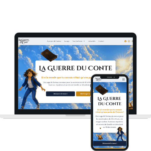 Mockup du site internet de la saga fantasy jeunesse La Guerre du Conte de Max Thareau, réalisé par WenDev. Mockup du site internet de la saga fantasy jeunesse La Guerre du Conte de Max Thareau, réalisé par WenDev.